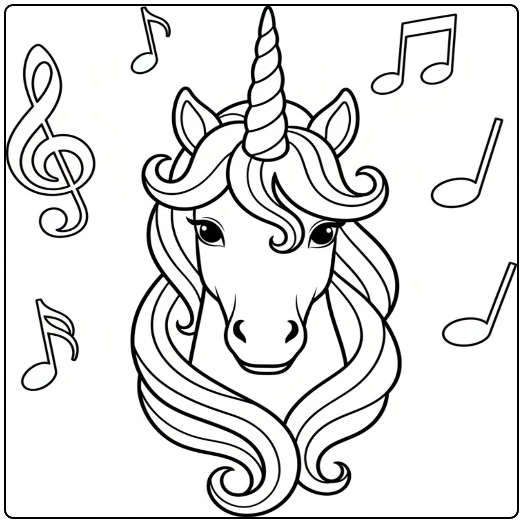 Muzikale kleurplaat eenhoorn hoofd om zelf in te kleuren.
