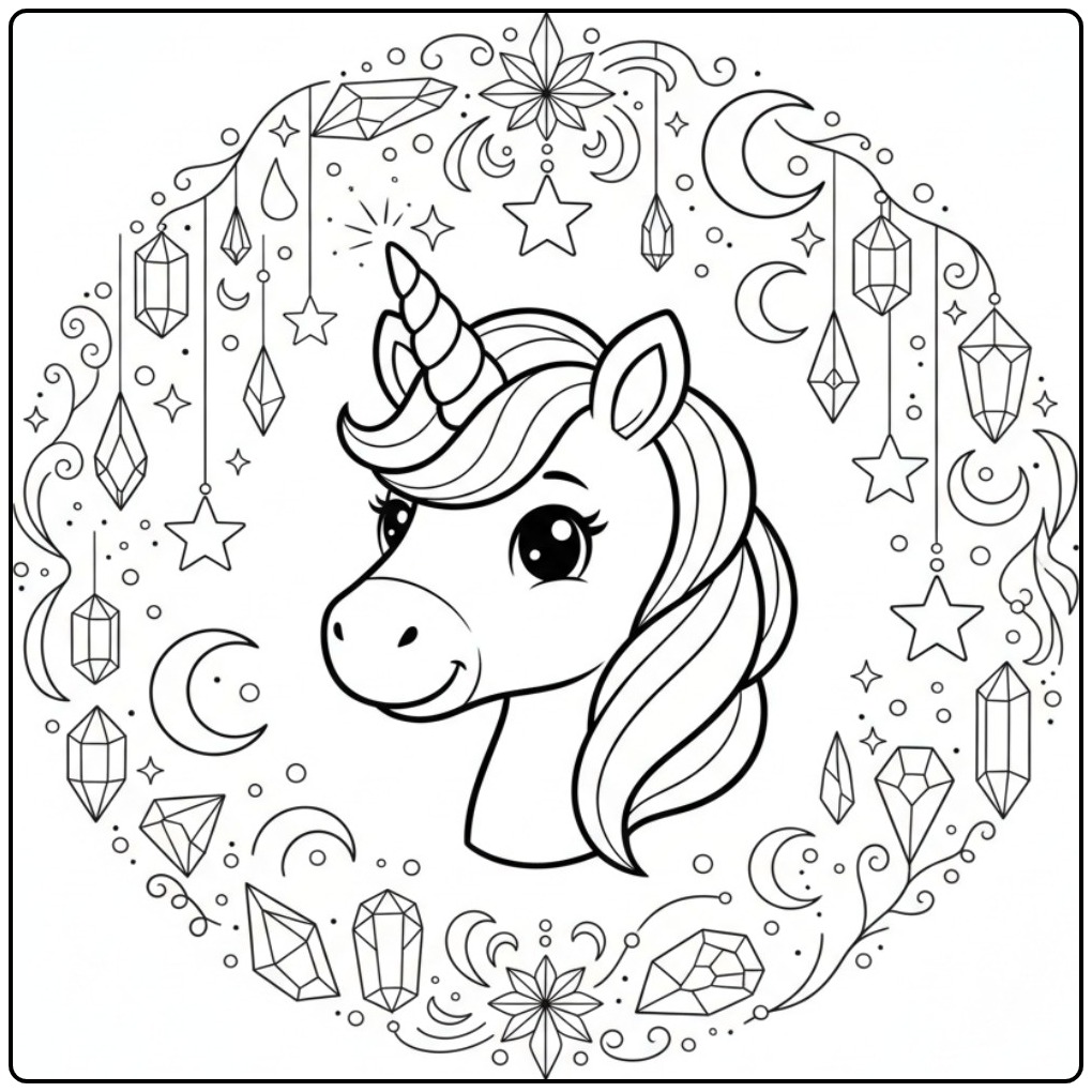Betoverende kleurplaat eenhoorn hoofd met magische sterren en kristallen.