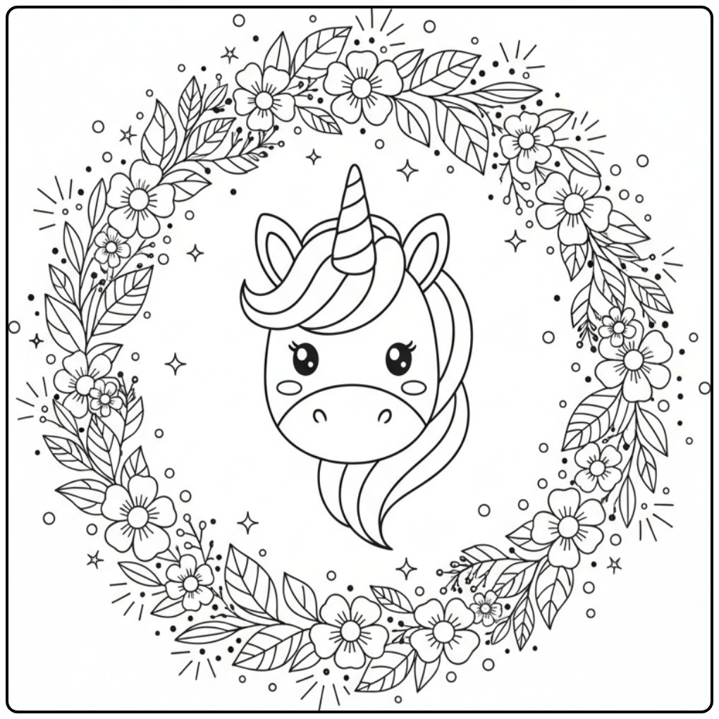 Leuke kleurplaat eenhoorn hoofd omringd door bloemenkrans