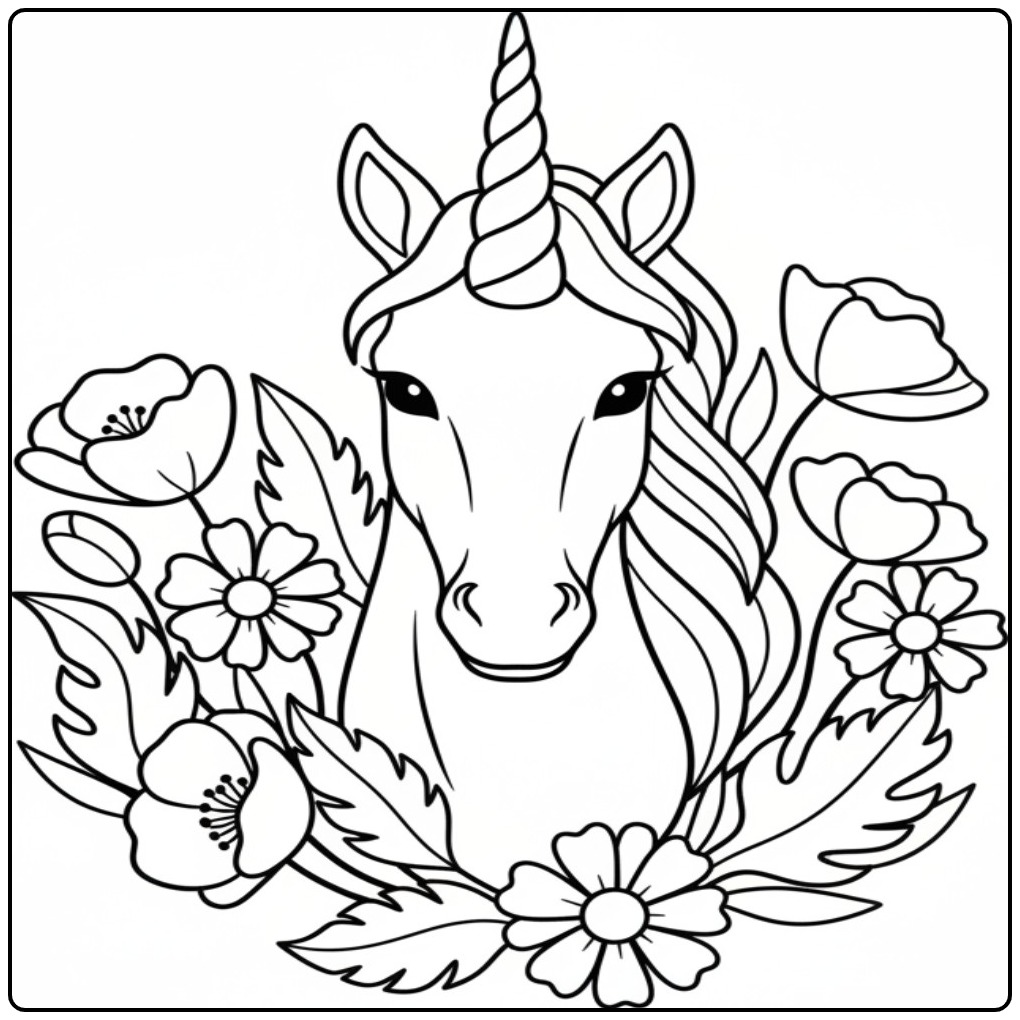 Een prachtige kleurplaat eenhoorn hoofd omringd door bloemen.