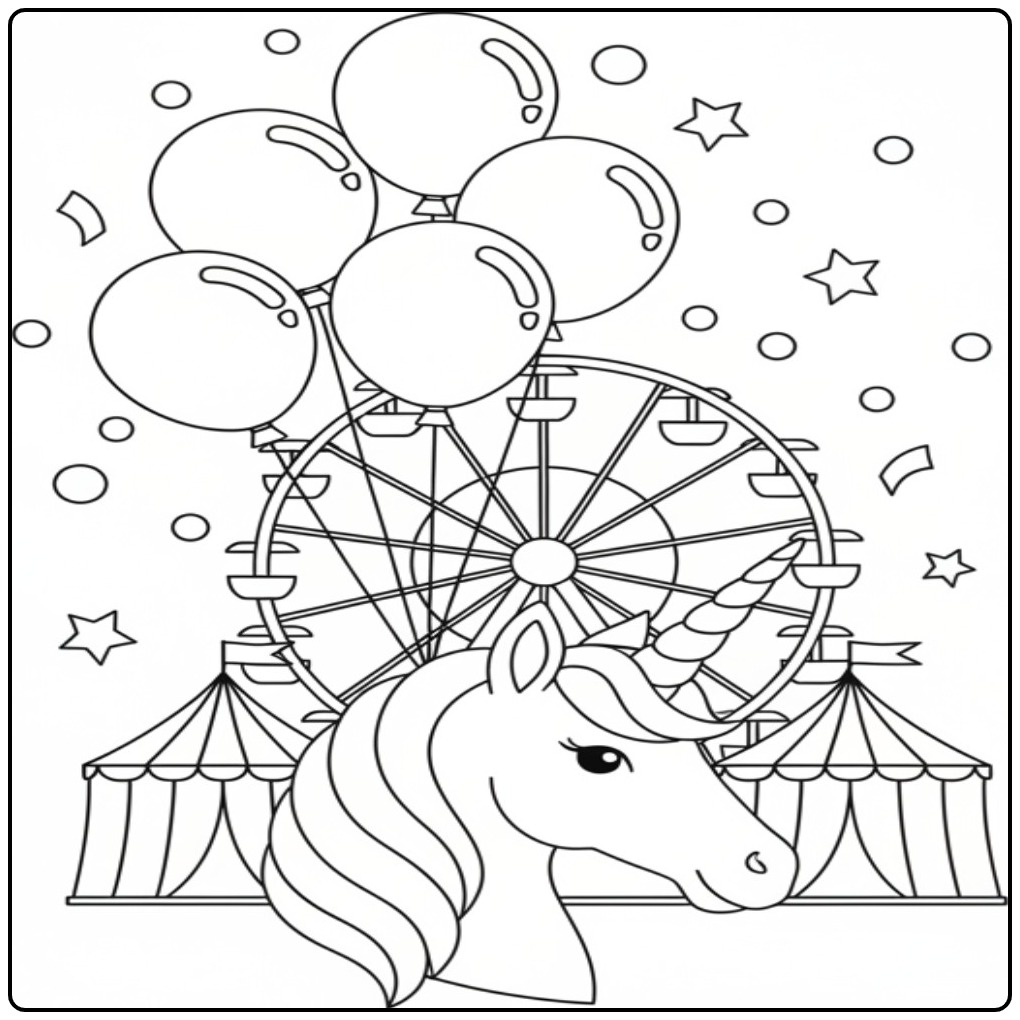 Leuke kleurplaat eenhoorn hoofd op de kermis met ballonnen.