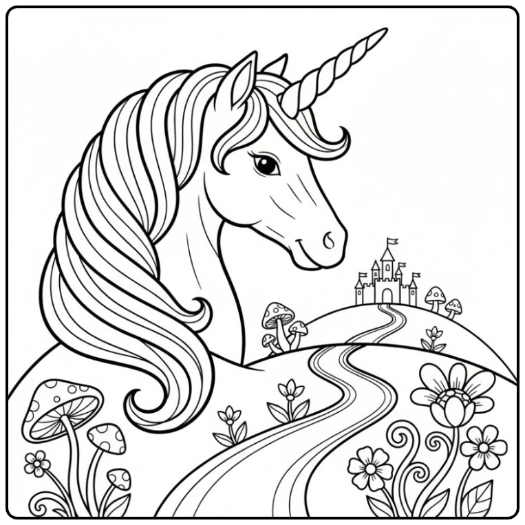 Een dromerige kleurplaat eenhoorn hoofd in een sprookjeswereld.
