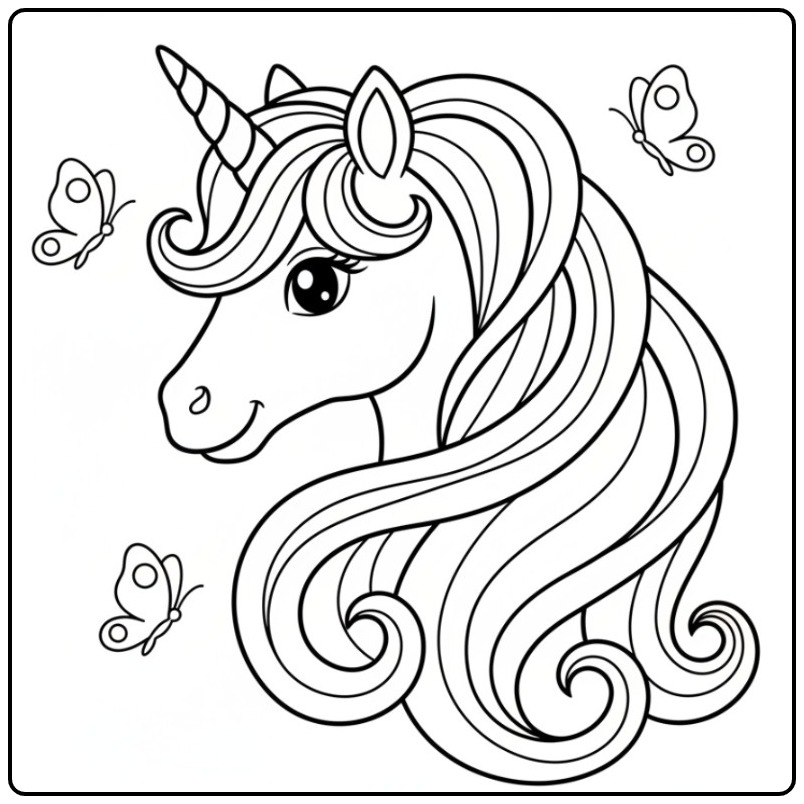 Een schattige kleurplaat eenhoorn hoofd met drie vlinders.