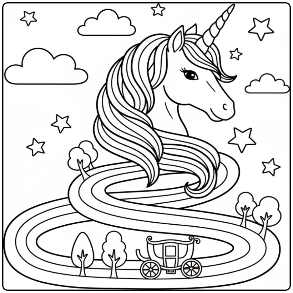 Een sprookjesachtige kleurplaat eenhoorn hoofd met een koets.