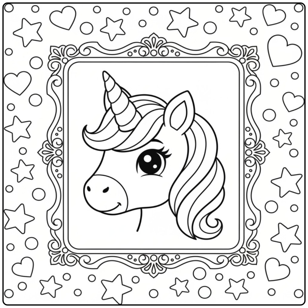 Mooie kleurplaat eenhoorn hoofd, ingelijst met sterren en harten.