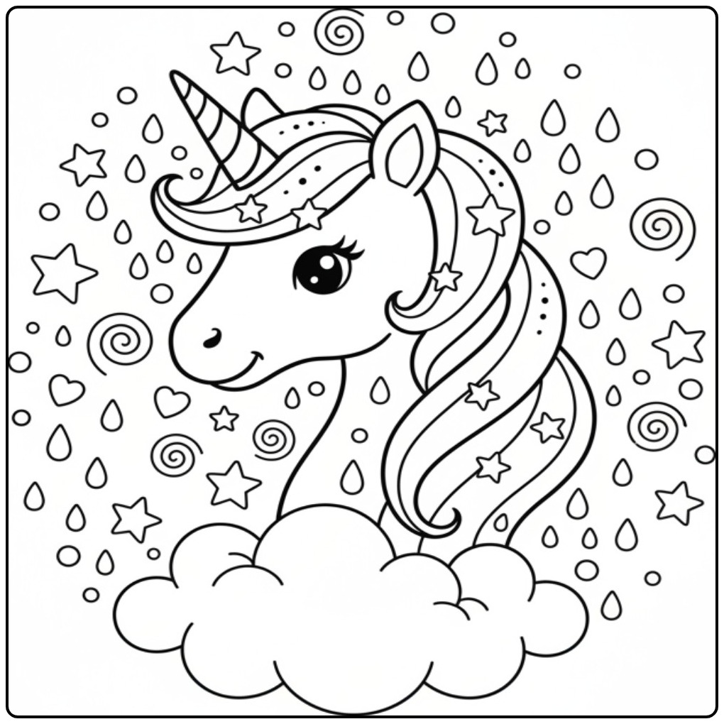 Betoverende kleurplaat eenhoorn hoofd, zwevend tussen sterren en wolken.