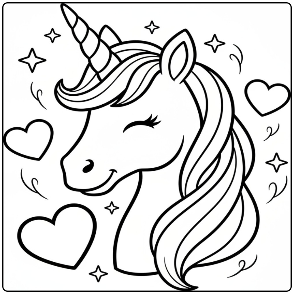 Lachende kleurplaat eenhoorn hoofd met hartjes en sterren.