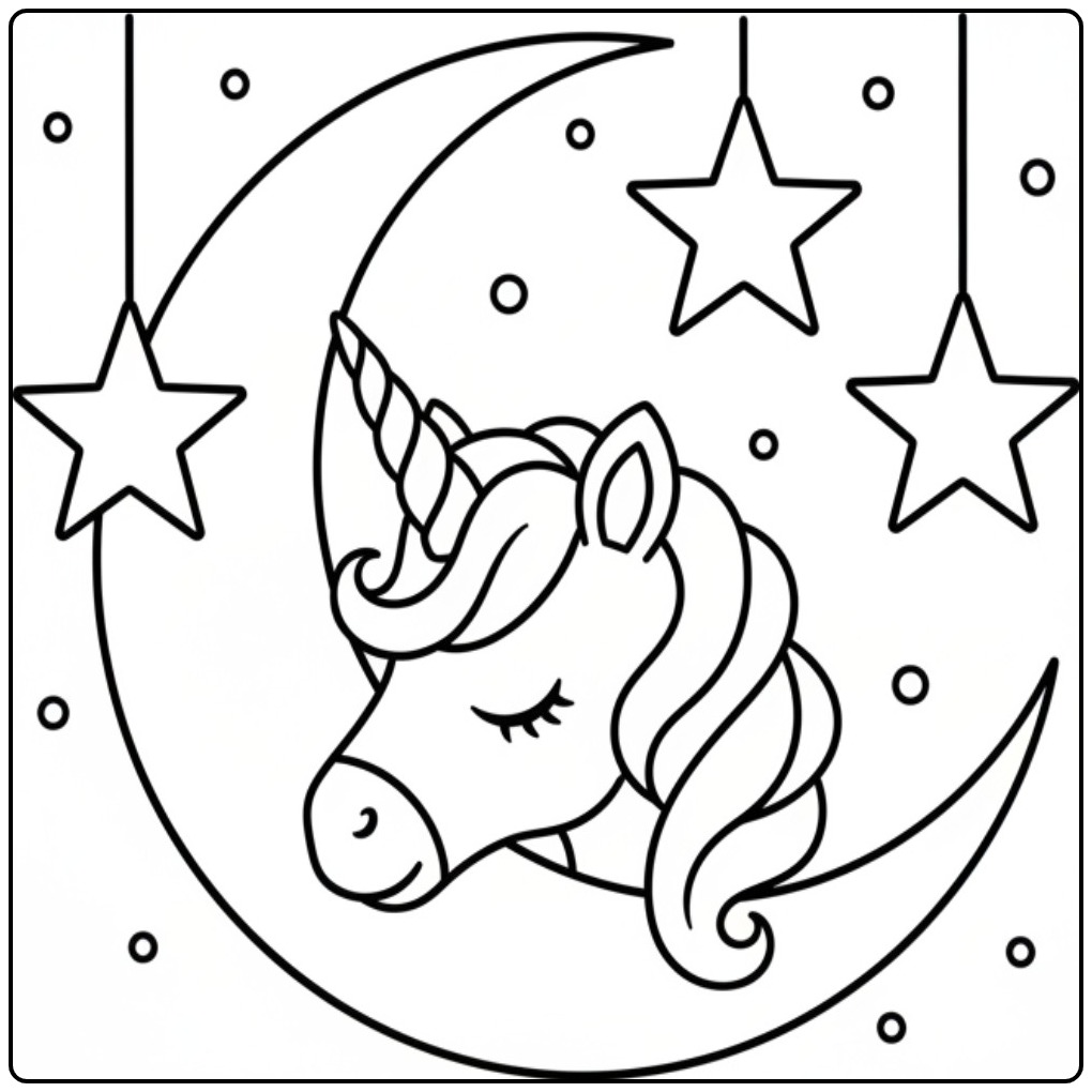 Dromerige kleurplaat eenhoorn hoofd met maan en sterrenhemel.