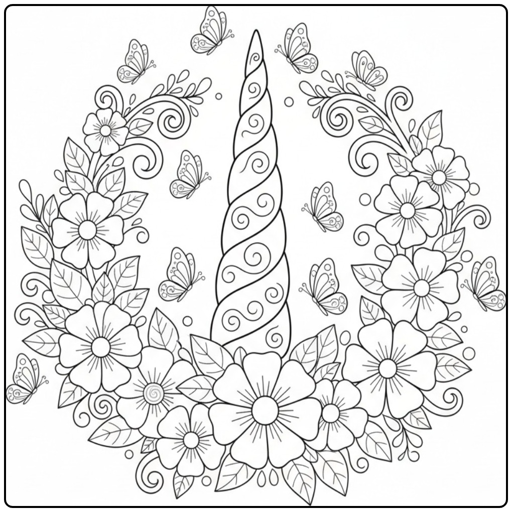 Mooie Kleurplaat eenhoorn hoorn en bloemen met vlinders.