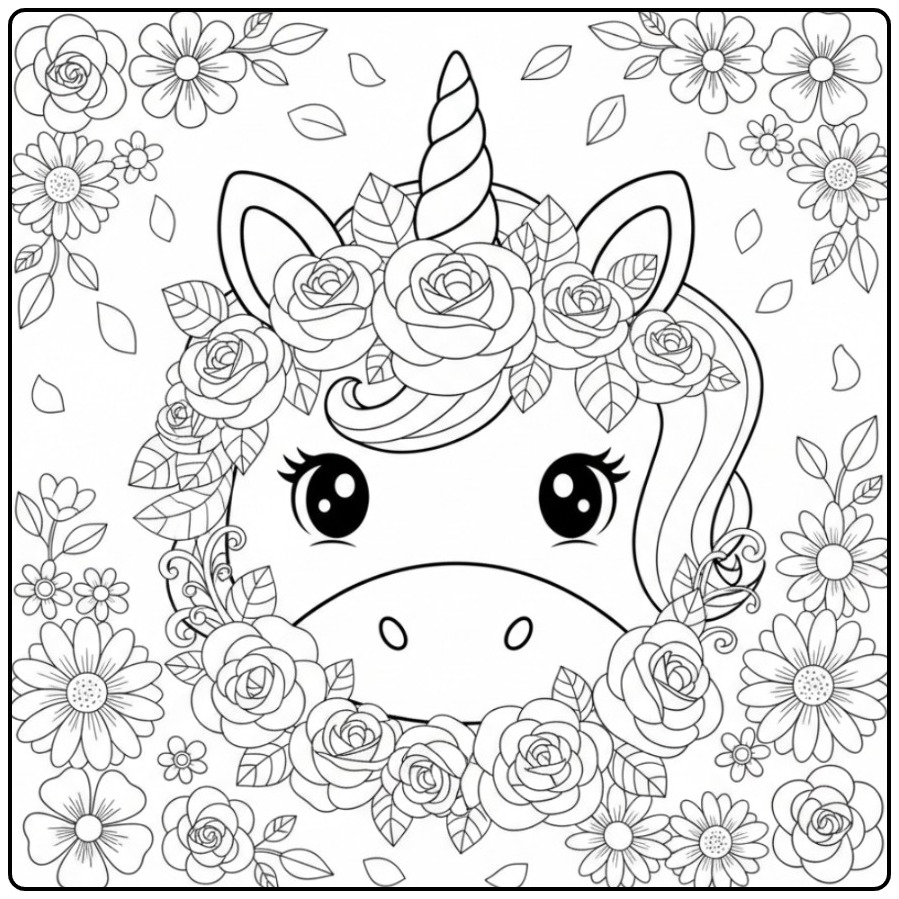 Schattige Kleurplaat eenhoorn hoorn en bloemen met een krans.
