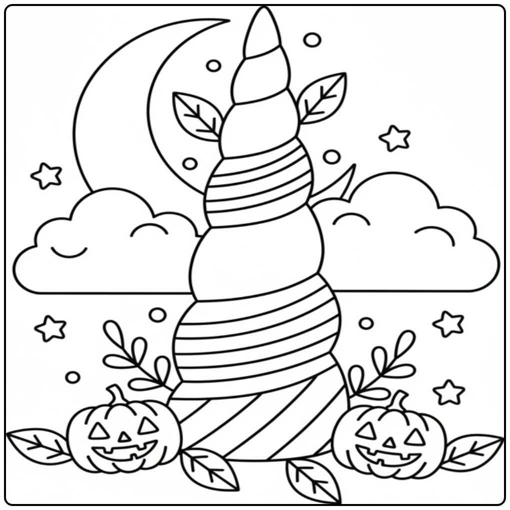 Griezelige Kleurplaat eenhoorn hoorn halloween met pompoenen.