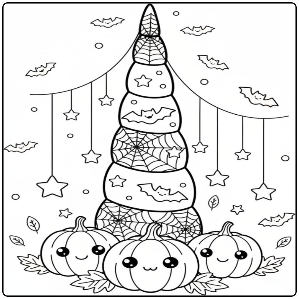 Kawaii Kleurplaat eenhoorn hoorn halloween met pompoenen.
