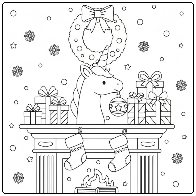 Een schattige Kleurplaat eenhoorn hoorn kerst bij de haard.