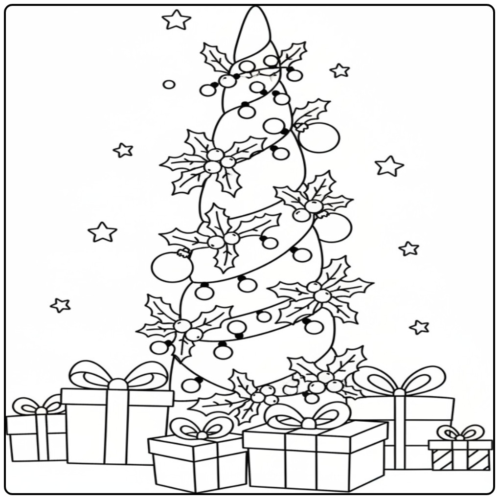 Een spiraalvormige Kleurplaat eenhoorn hoorn kerst met cadeaus.