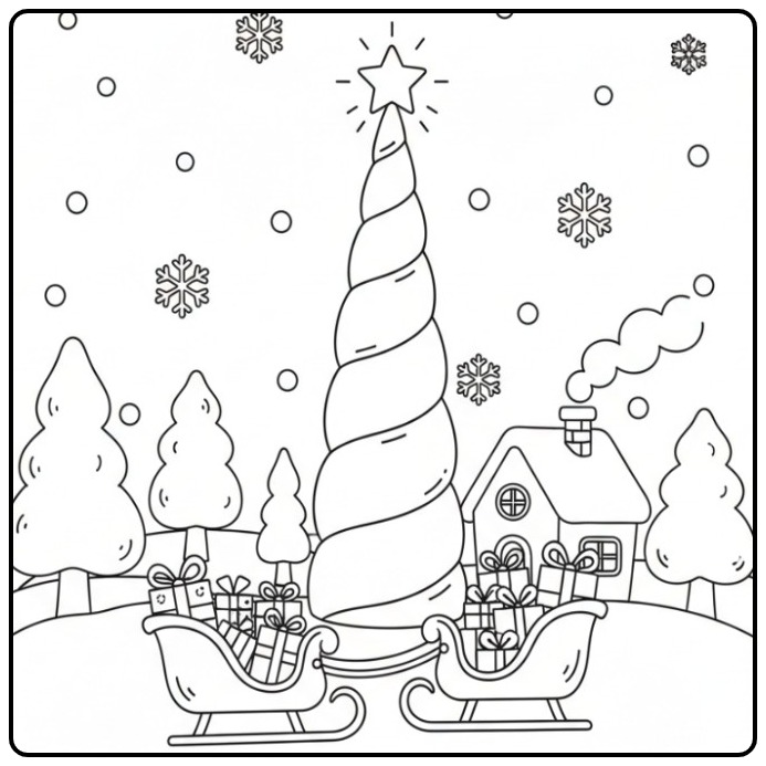 Leuke Kleurplaat eenhoorn hoorn kerst met cadeaus en sneeuw.