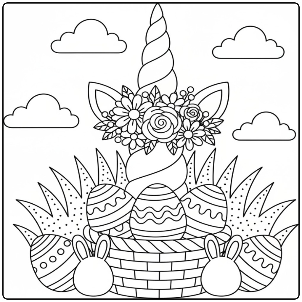 Een vrolijke Kleurplaat eenhoorn hoorn pasen met paaseitjes.