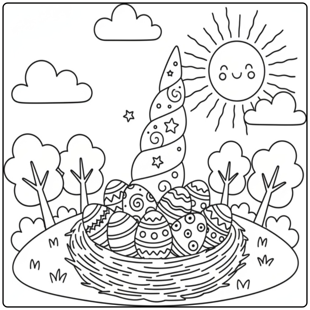 Een vrolijke Kleurplaat eenhoorn hoorn pasen in een vogelnest.