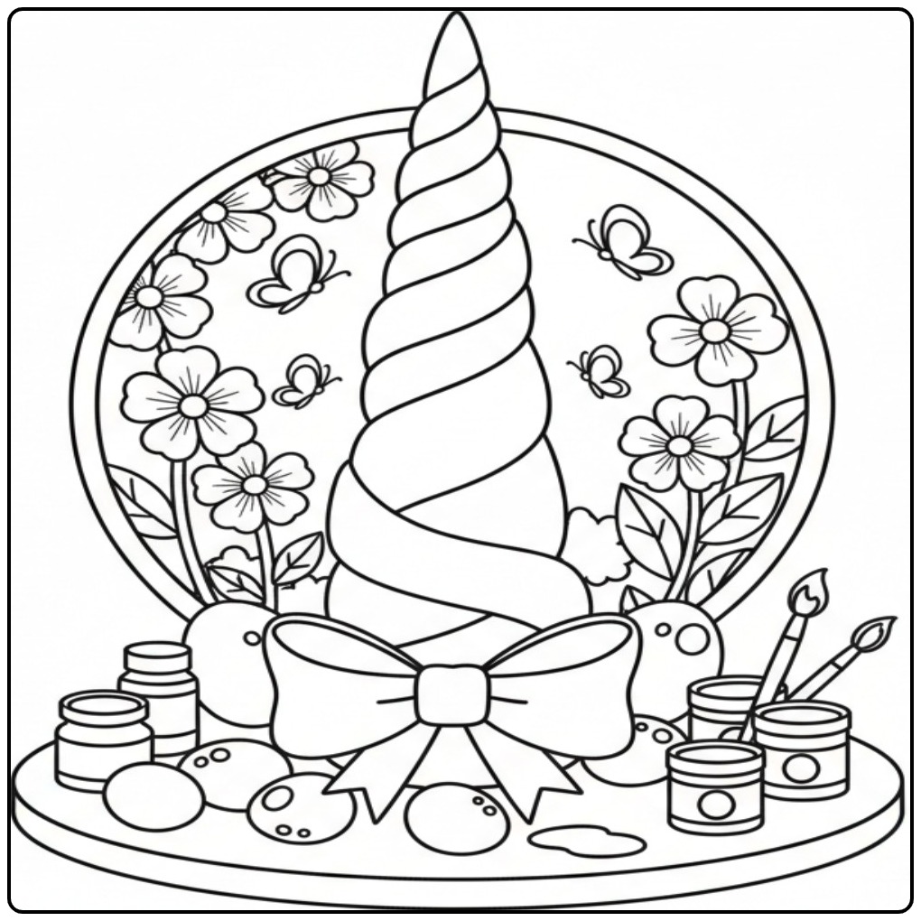 Een creatieve Kleurplaat eenhoorn hoorn pasen met eitjes en verf.