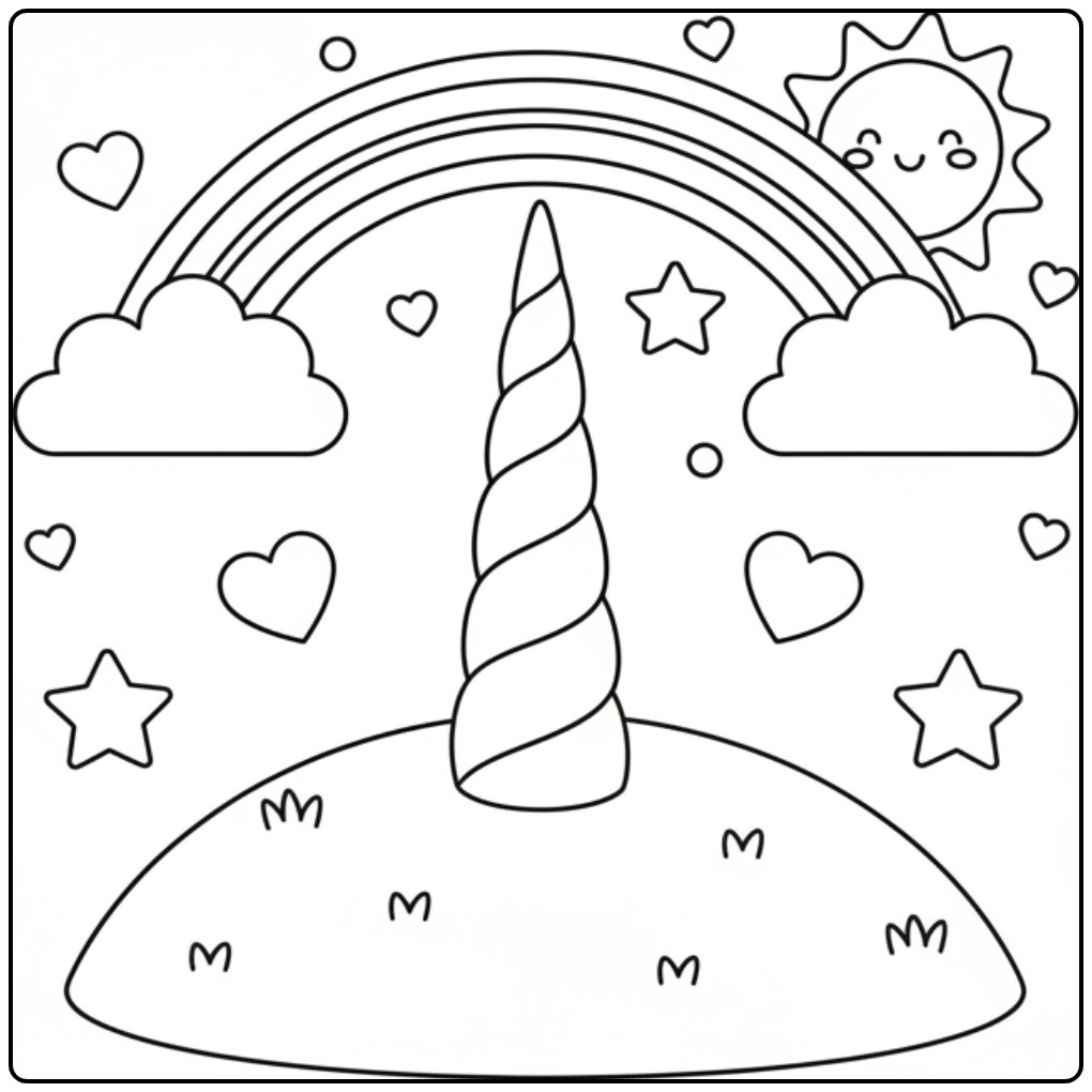 Vrolijke Kleurplaat eenhoorn hoorn regenboog met een zon.
