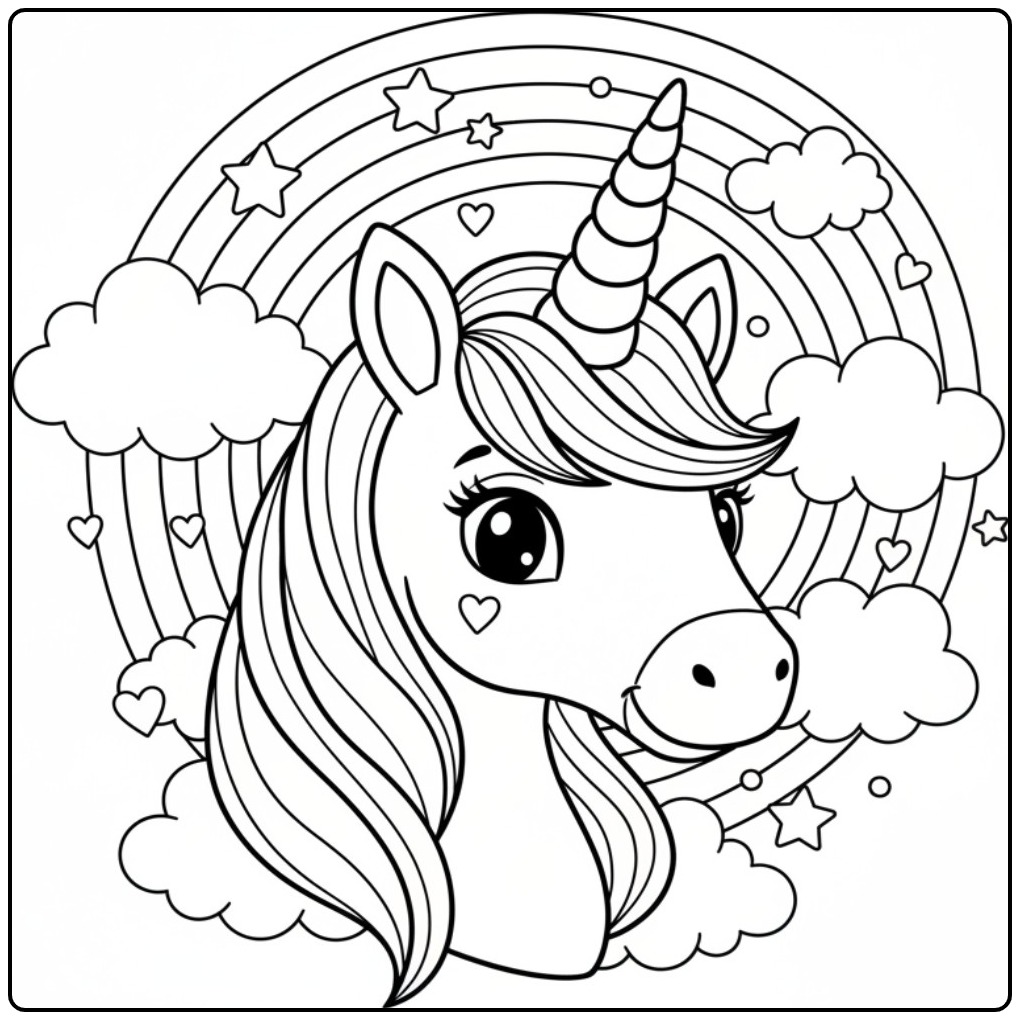 Een schattige Kleurplaat eenhoorn hoorn regenboog met wolkjes.