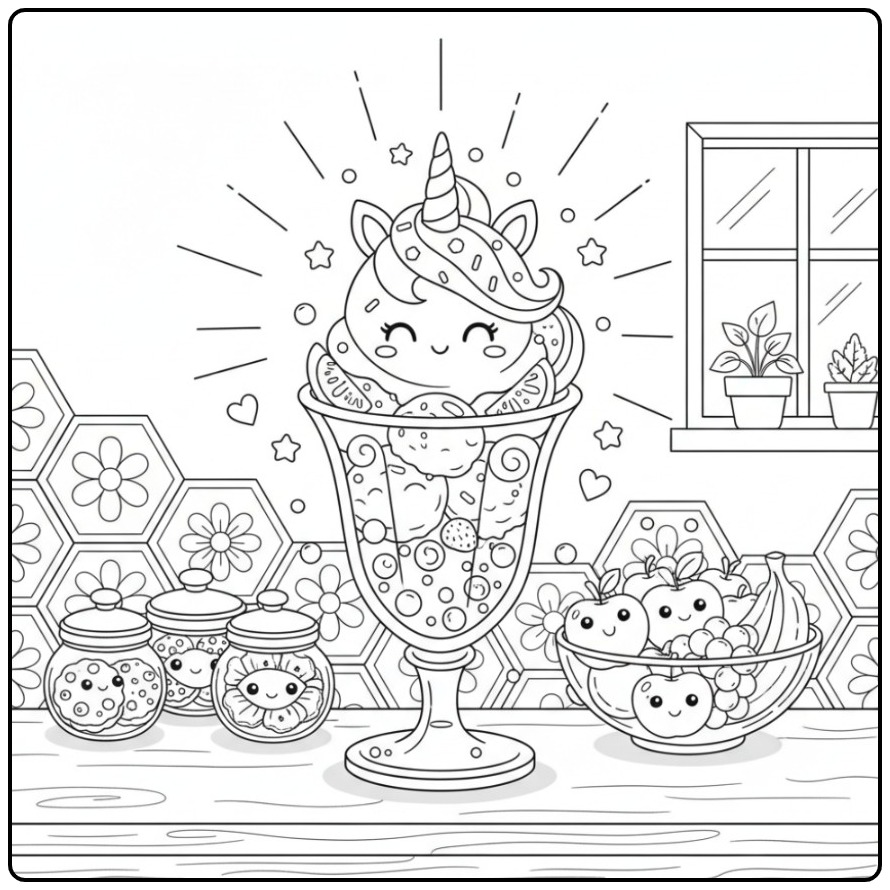 Kleurplaat eenhoorn-ijscoupe in een glazen beker, met vrolijk fruit.