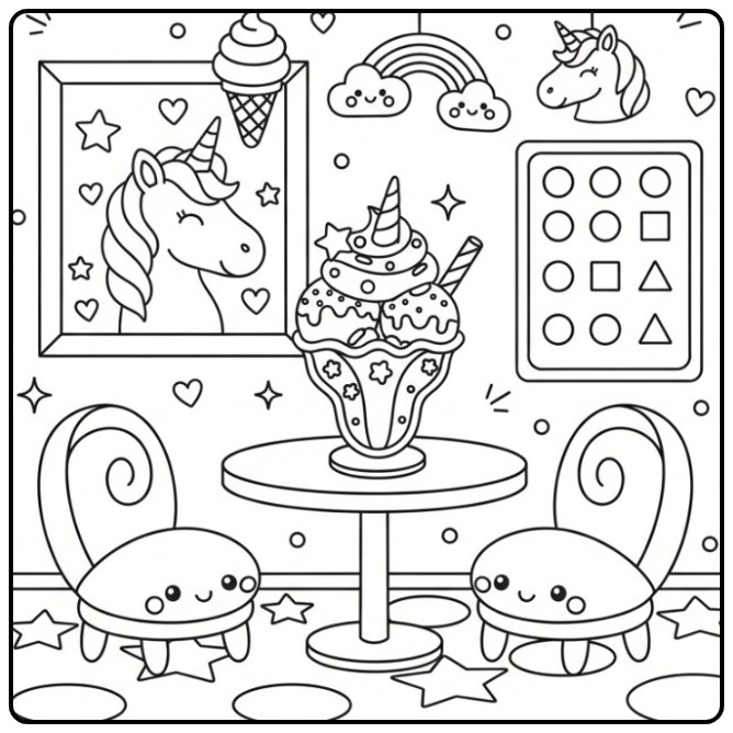 Kleurplaat eenhoorn-ijssalon: magisch dessert met vrolijke stoeltjes.