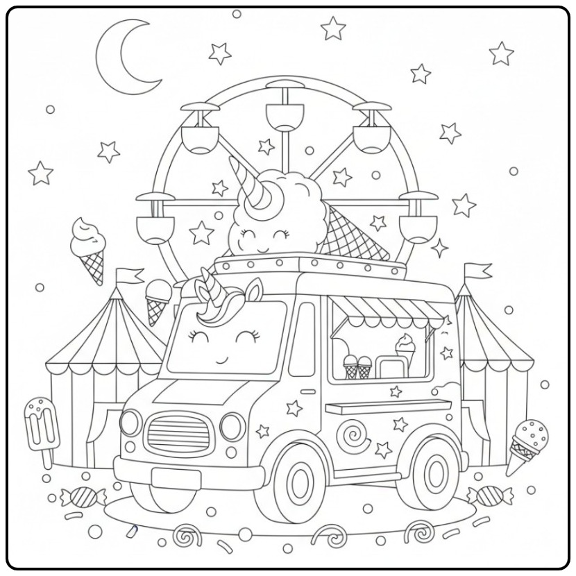 Kleurplaat eenhoorn-ijswagen bij de kermis, vol met lekkernijen.