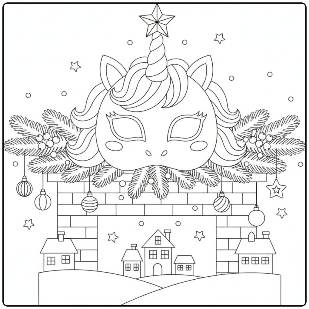 Mooi Kleurplaat eenhoorn kerst masker voor feestelijk kleurplezier.
