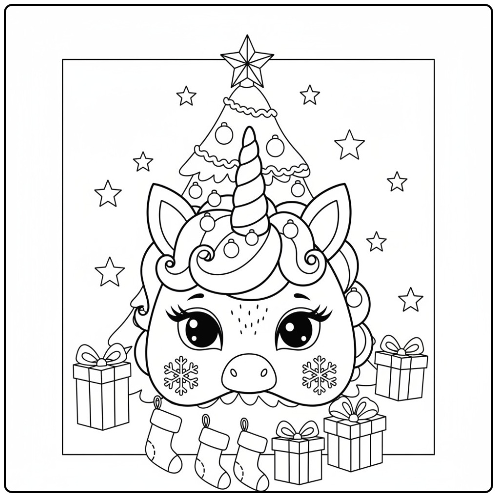 Leuke Kleurplaat eenhoorn kerst masker met cadeautjes en kerstboom