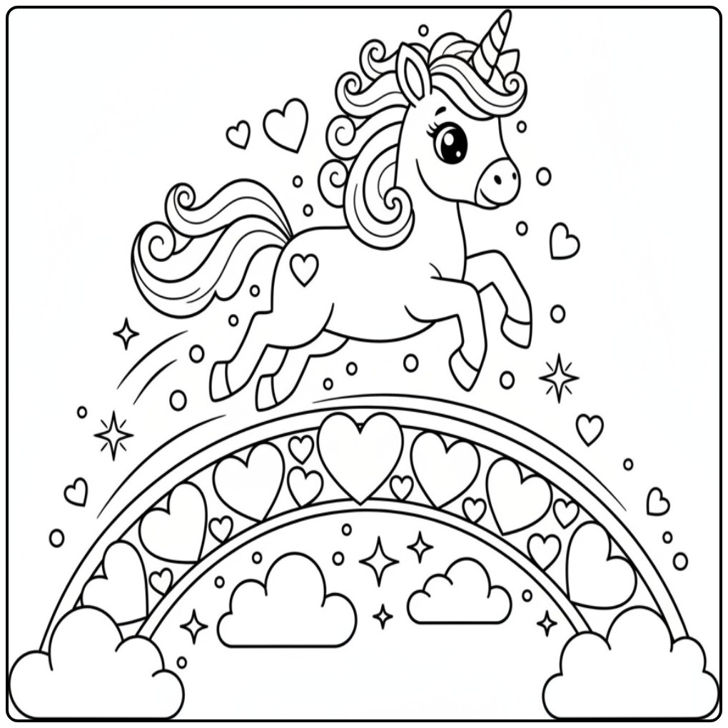 Kleurplaat eenhoorn met hartjes en regenboog die speels springt.