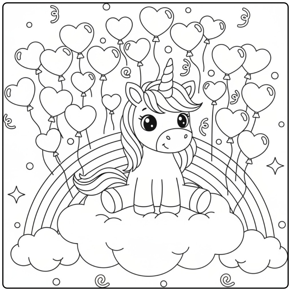 Kleurplaat eenhoorn met hartjes en regenboog, zwevend op een wolk.