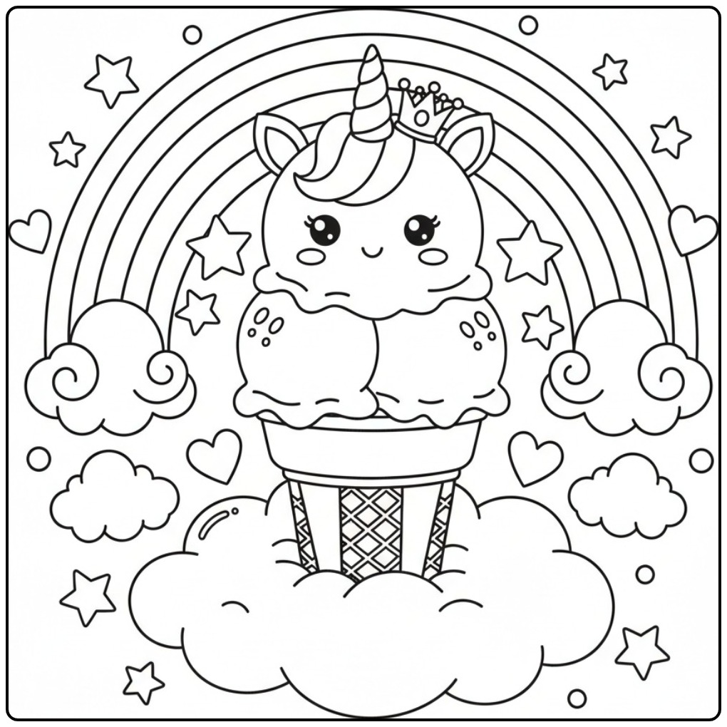 Kleurplaat eenhoorn met ijsje en regenboog, vol sterren en wolken.
