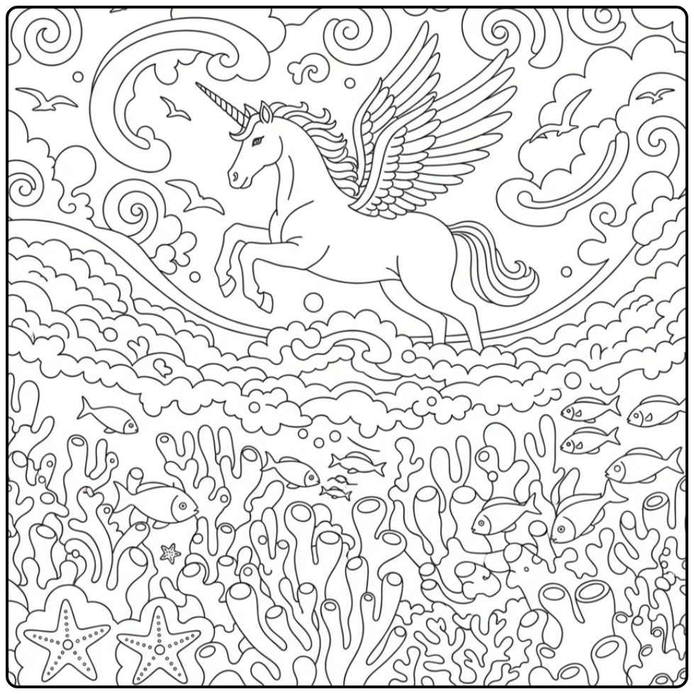 Een vliegende kleurplaat eenhoorn met vleugels boven de zee.