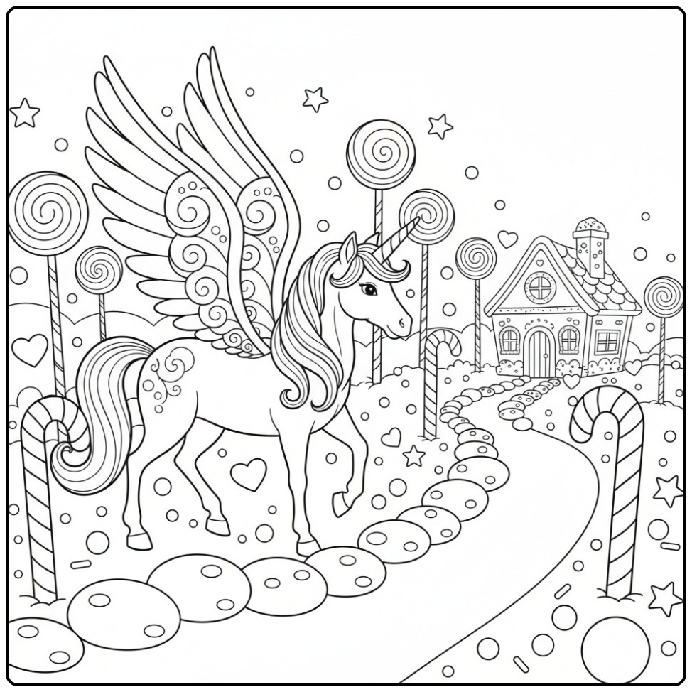 Prachtige kleurplaat eenhoorn met vleugels in een snoepland.