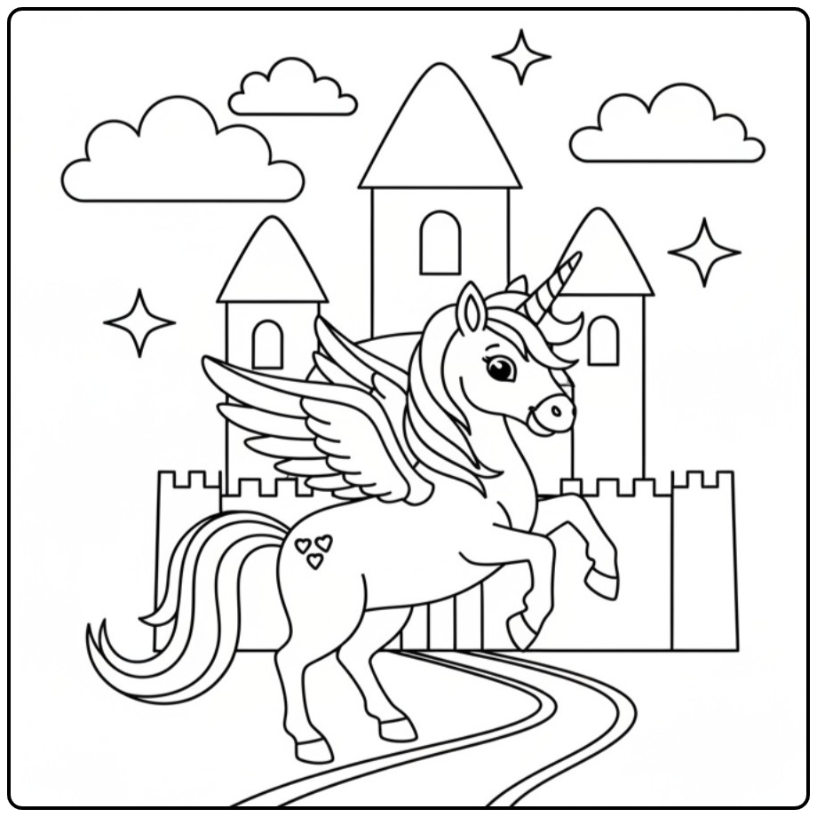Een schattige kleurplaat eenhoorn met vleugels voor een kasteel.