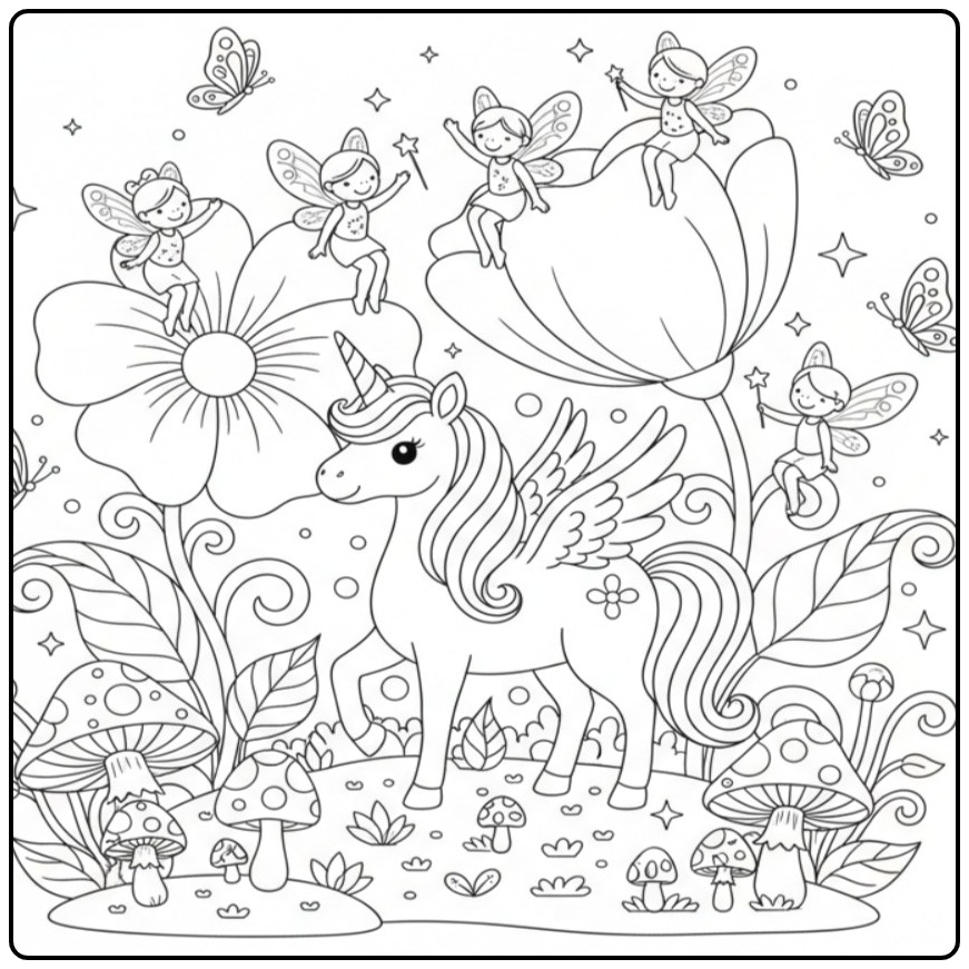 Kleurplaat eenhoorn met vleugels en feeënvriendjes in een sprookjesbos.
