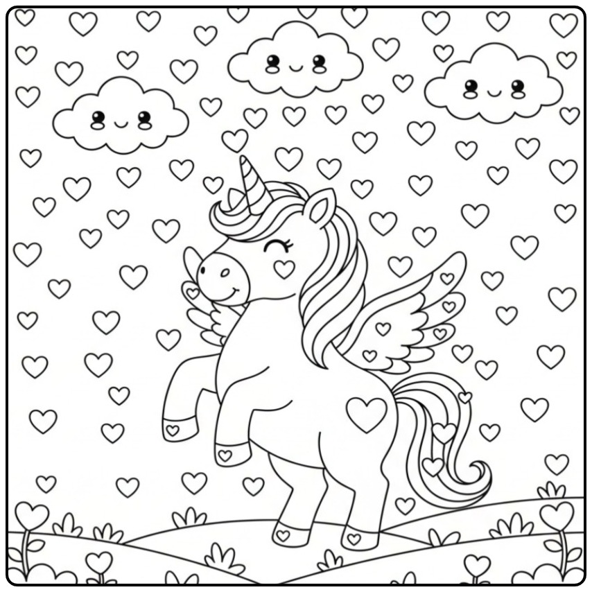 Leuke Kleurplaat eenhoorn met vleugels en hartjes en wolken.