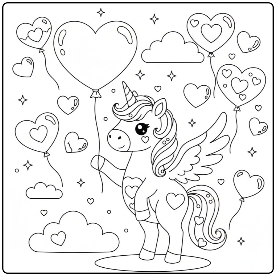 Lieve Kleurplaat eenhoorn met vleugels en hartjes ballonnen.
