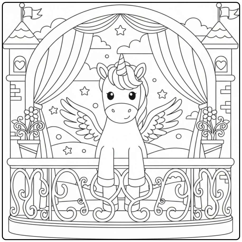 Leuke Kleurplaat eenhoorn met vleugels en kasteel op balkon.