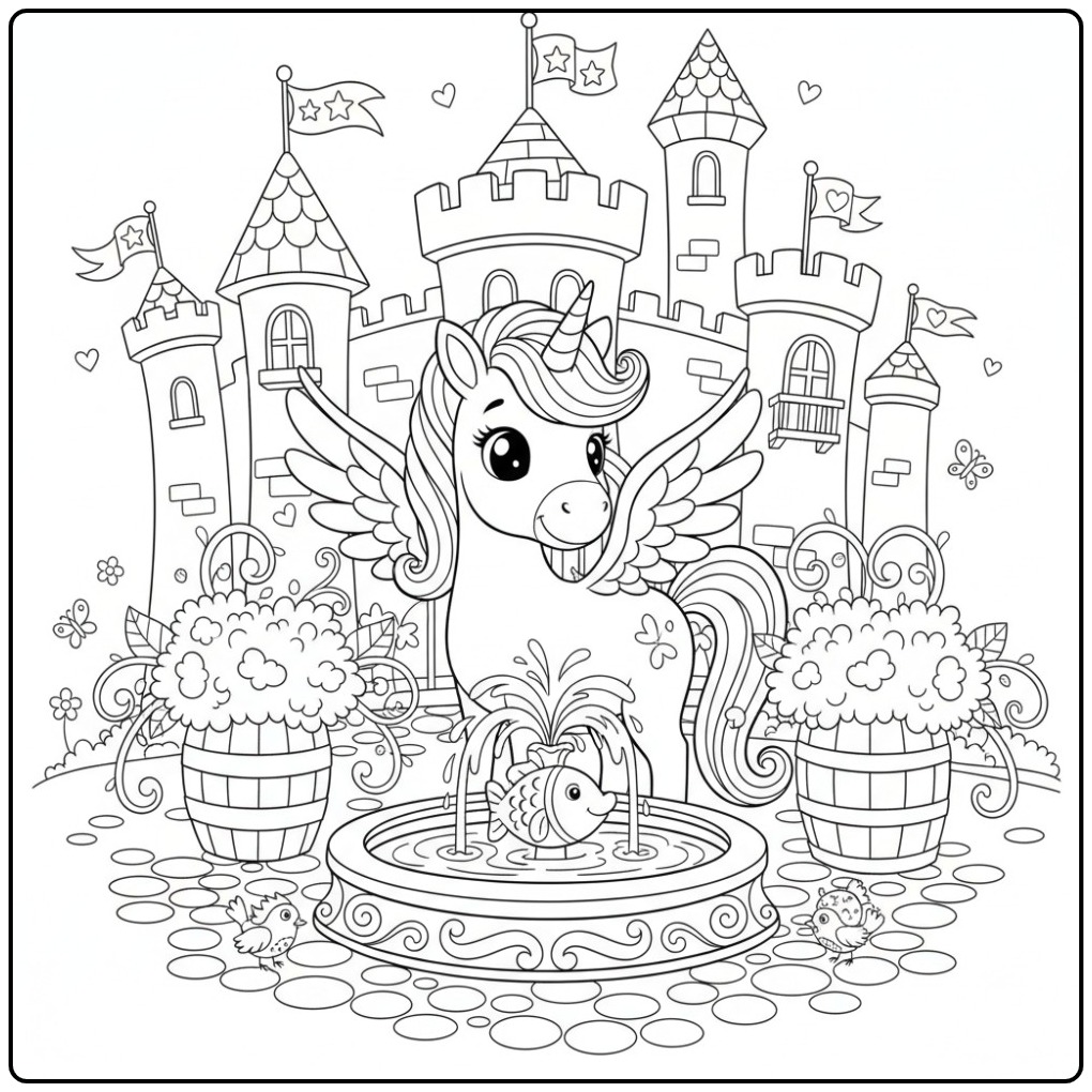 Printbare Kleurplaat eenhoorn met vleugels en kasteel.