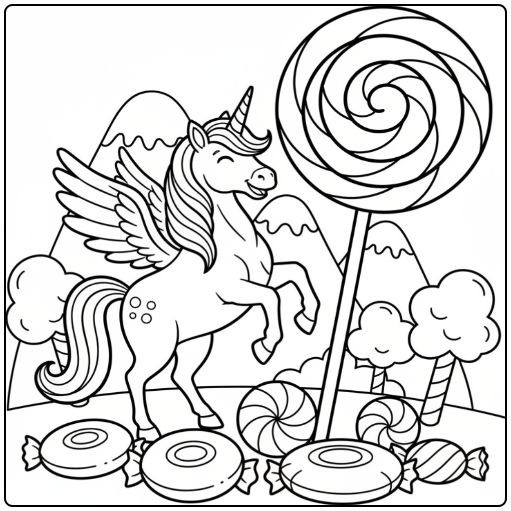 Vrolijke kleurplaat eenhoorn met vleugels in een snoepland.