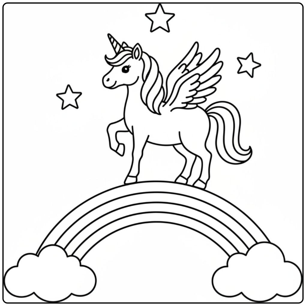 Vrolijke kleurplaat eenhoorn met vleugels op een regenboog.