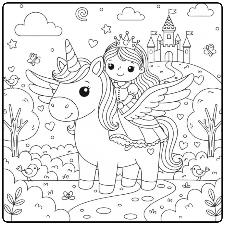 Een leuke Kleurplaat eenhoorn met vleugels en prinses.