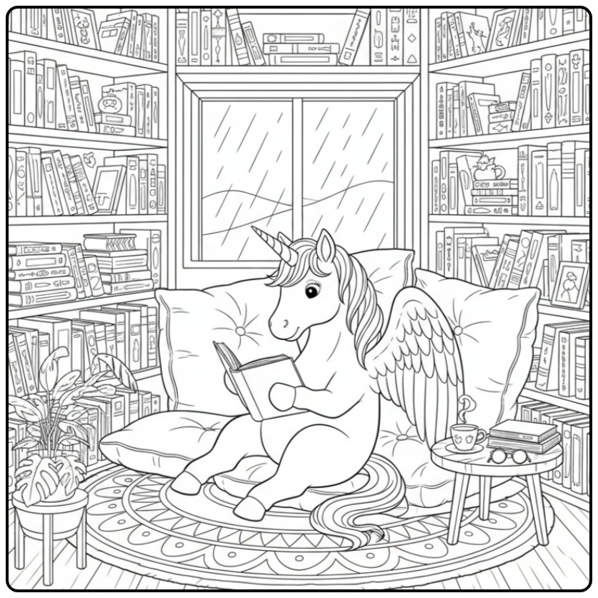 Een leuke kleurplaat eenhoorn met vleugels die een boek leest.