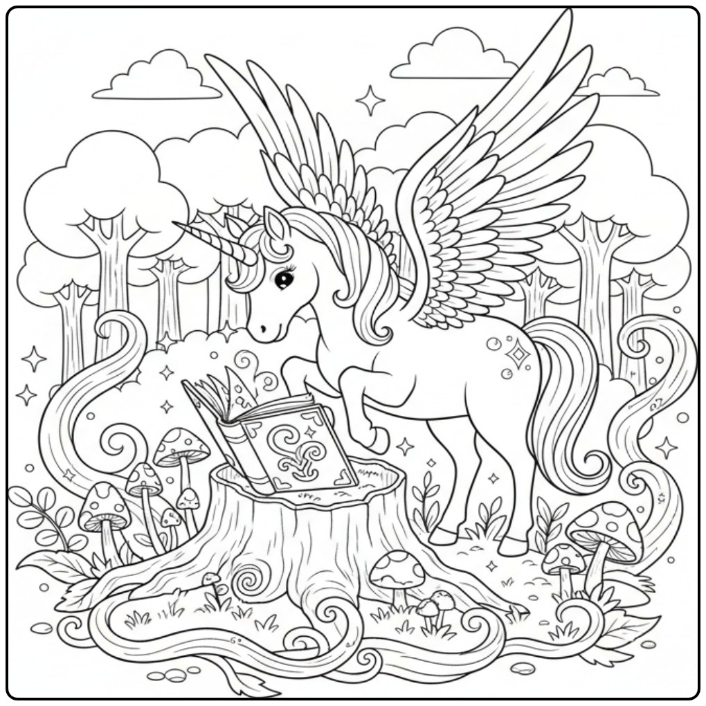 Leuke kleurplaat eenhoorn met vleugels leest een toverboek.