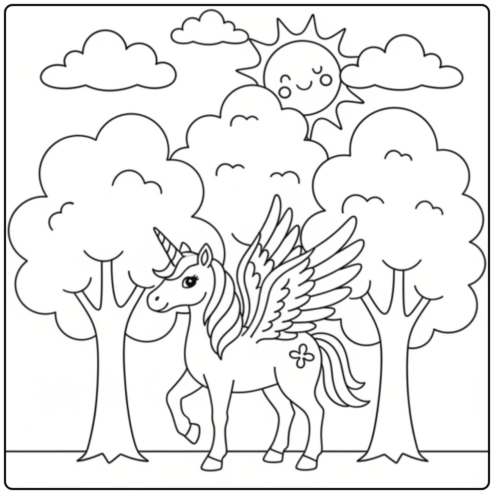 Vrolijke kleurplaat eenhoorn met vleugels en een lachende zon.