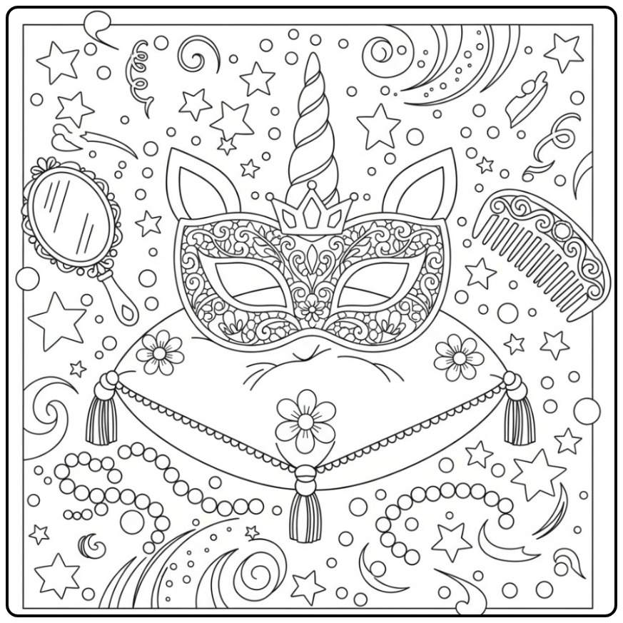Kleurplaat eenhoorn prinsessen masker op een kussen, omringd door sterren en juwelen.