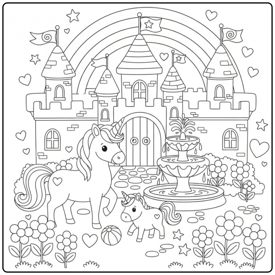Vrolijke kleurplaat eenhoorn regenboog kasteel met een veulen.
