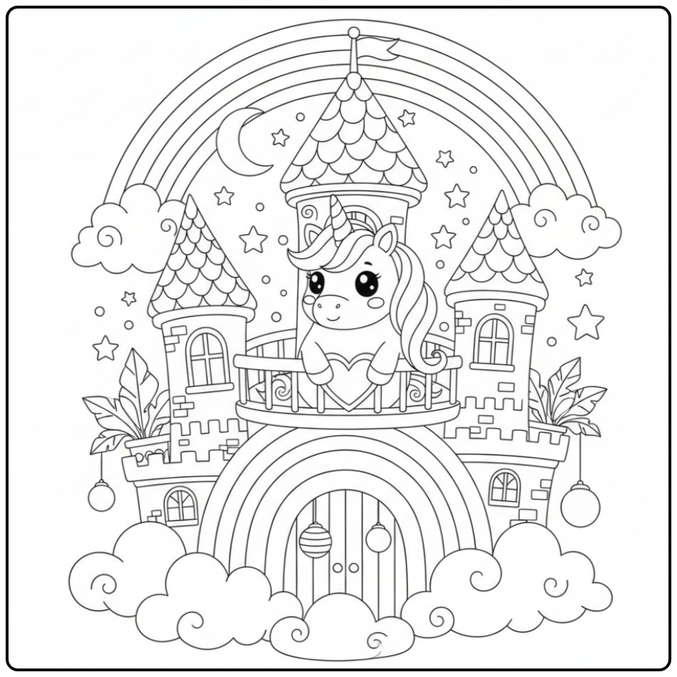 Schattige kleurplaat eenhoorn regenboog kasteel in de wolken.