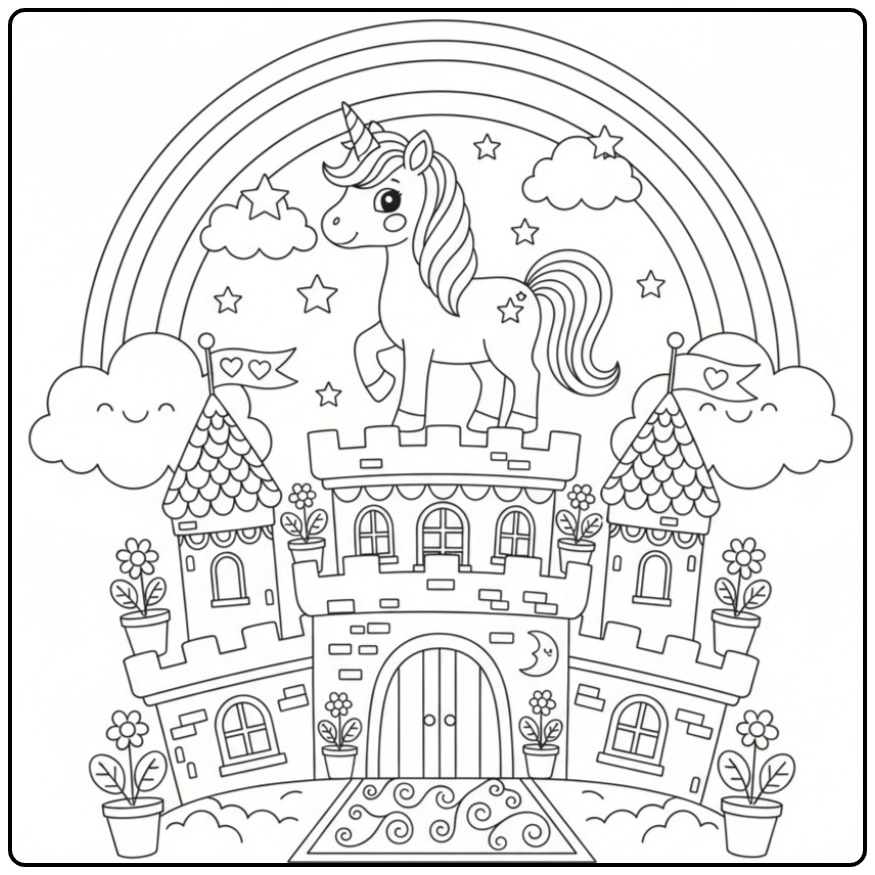 Vrolijke kleurplaat eenhoorn regenboog kasteel met sterrenhemel.